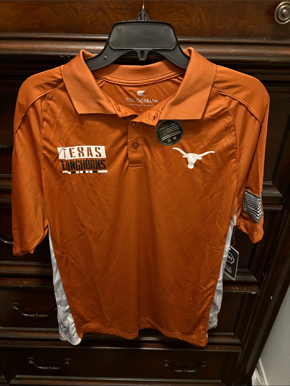 Colosseum Men's Texas Longhorns Orange Polo with American Flag Sleeve Patch- Lg